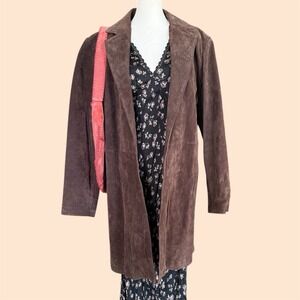 Vtg Y2K Boho Brown Suede Long Open Jacket Coat Size Large Wilsons Leather Maxima